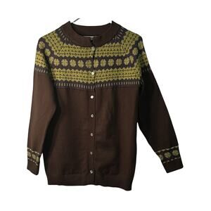 Misslook Sweater Size M Green Brown Fair Isle Button Up Cardigan Long Sleeve Y2K